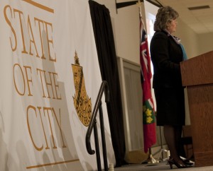Brenda Holloran, the mayor for the city of Waterloo, gave her annual State of the City address at a fundraising event at RIM Park. (Photo by Kate Turner)