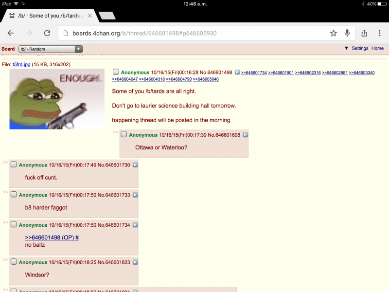 4chan threat made against Laurier. 